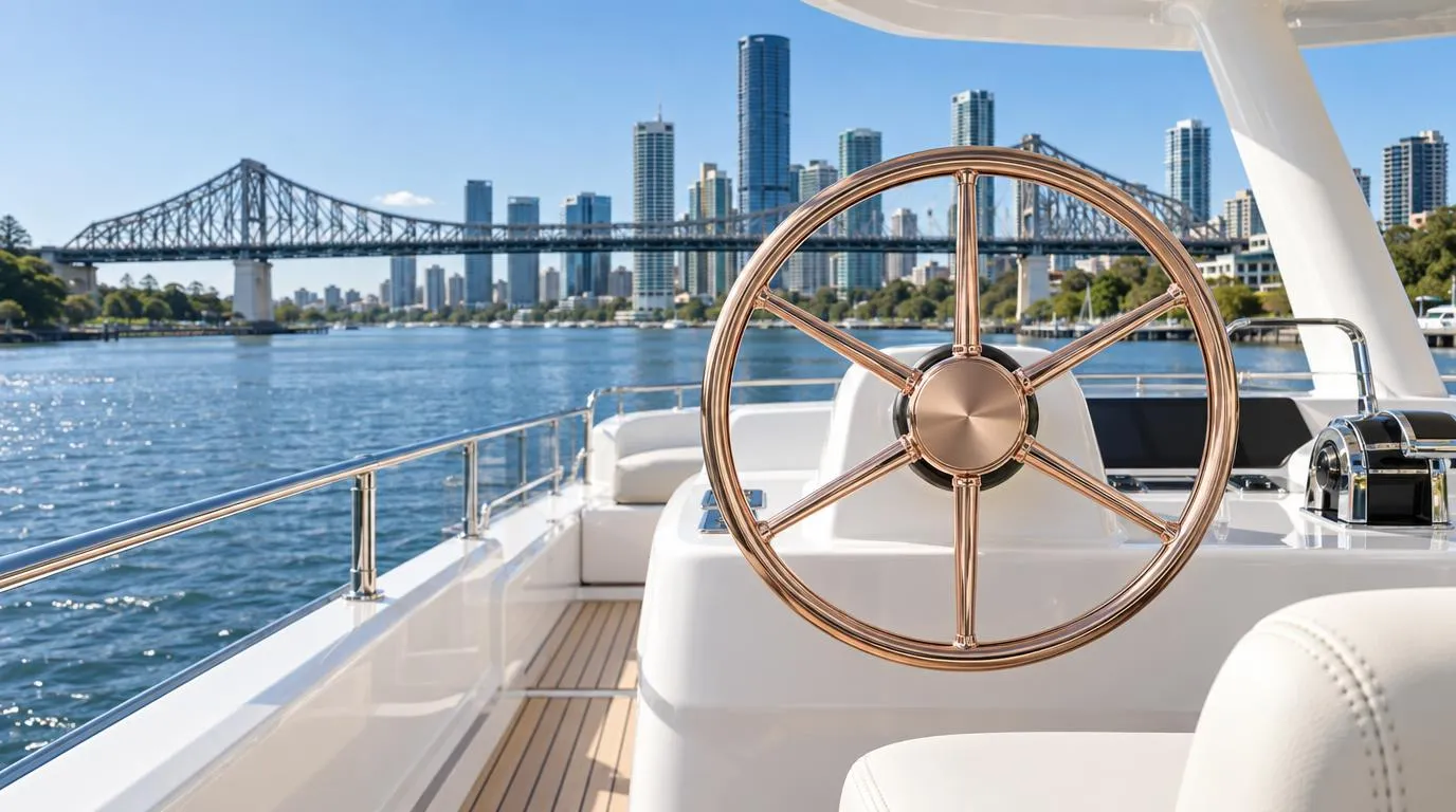 A rose-gold yacht helm wheel on the Brisbane River with the Story Bridge and city towers behind