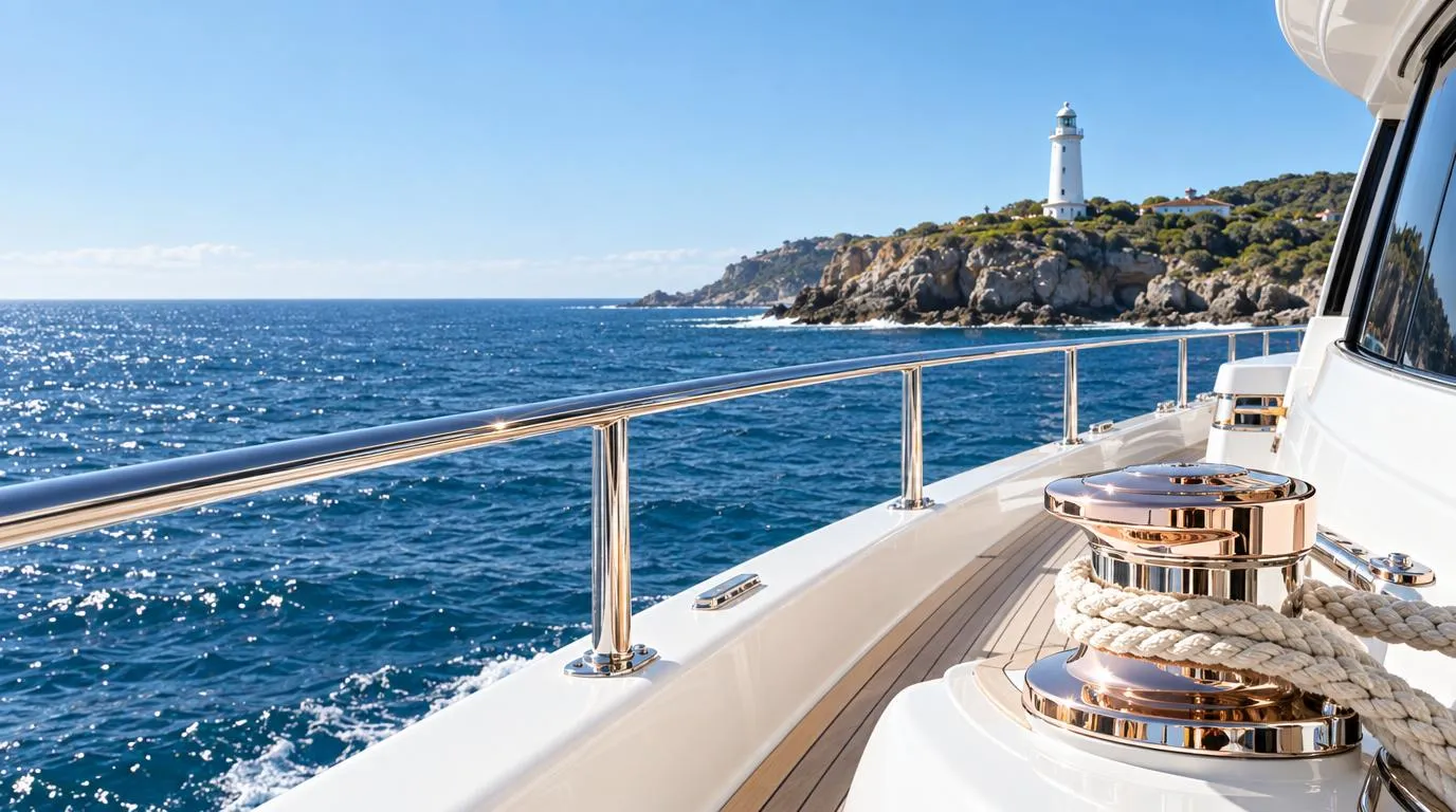 A white lighthouse on an Australian headland seen from a yacht deck