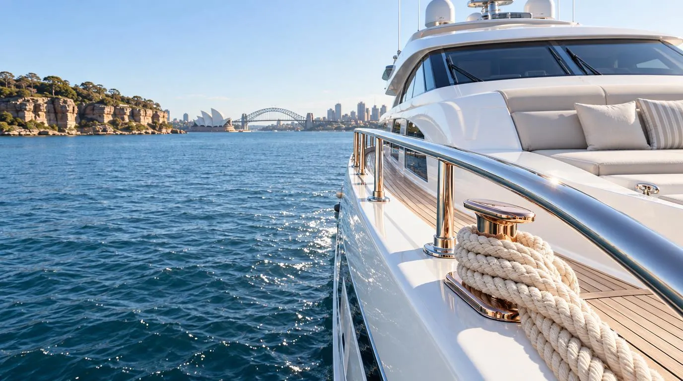 A white yacht at anchor on Sydney Harbour with sandstone headlands and the city skyline