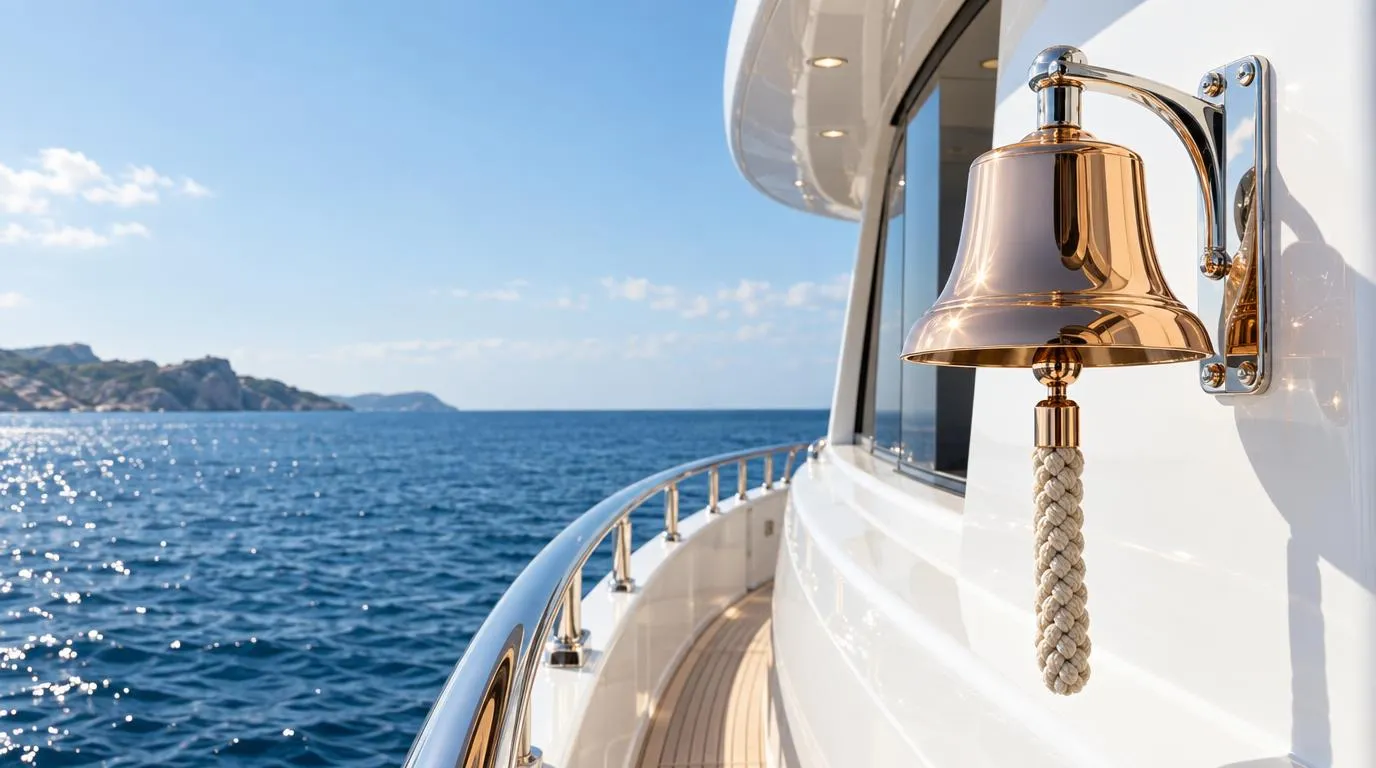 A rose-gold yacht bell with a cream lanyard on a white superstructure