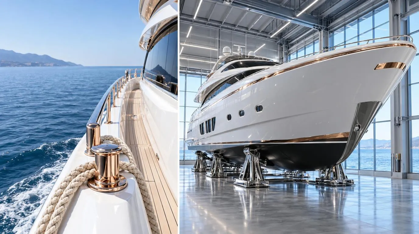 A white superyacht on chrome cradles inside a bright high-tech shipyard hall