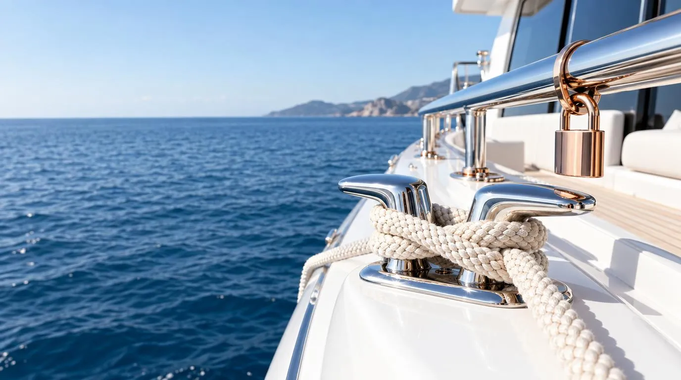 A chrome yacht cleat with cream rope locked off and a rose-gold padlock on the rail, blue sea beyond