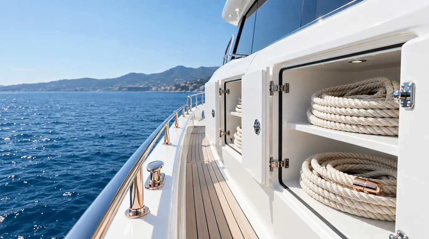 Open white yacht lockers holding neat coils of cream rope