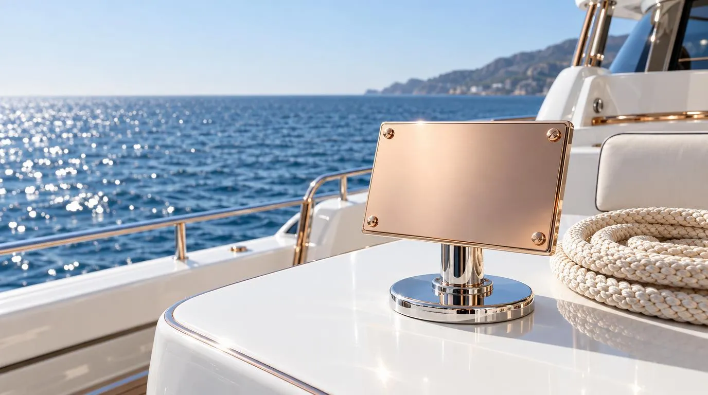 A rose-gold plaque on a chrome stand on a yacht deck table
