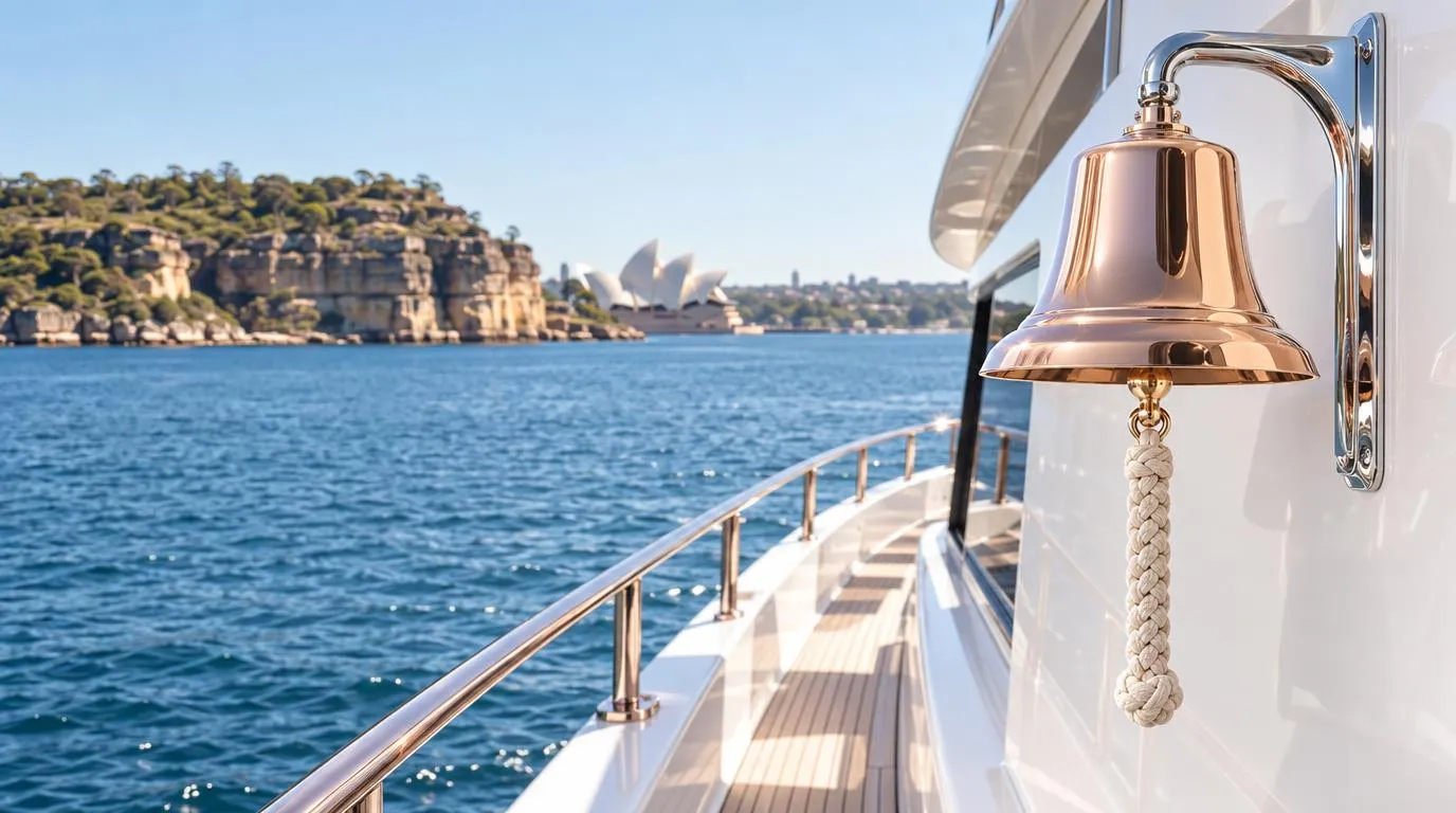 A rose-gold yacht bell with Sydney Harbour headlands behind