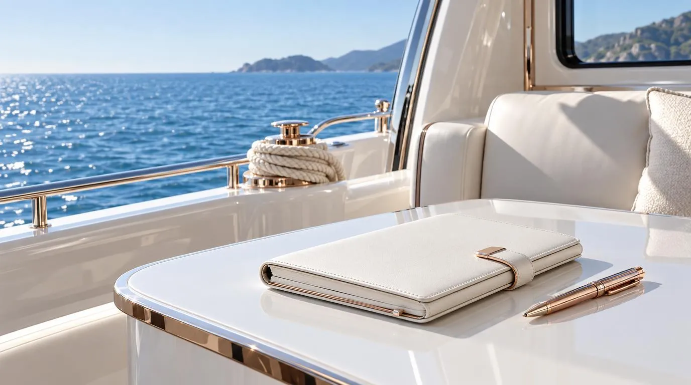 A white leather folio and rose-gold pen on a yacht saloon table