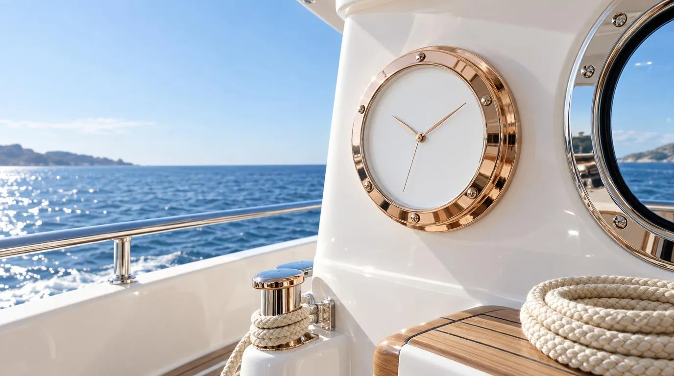 A rose-gold ship clock on a white yacht bulkhead beside a porthole
