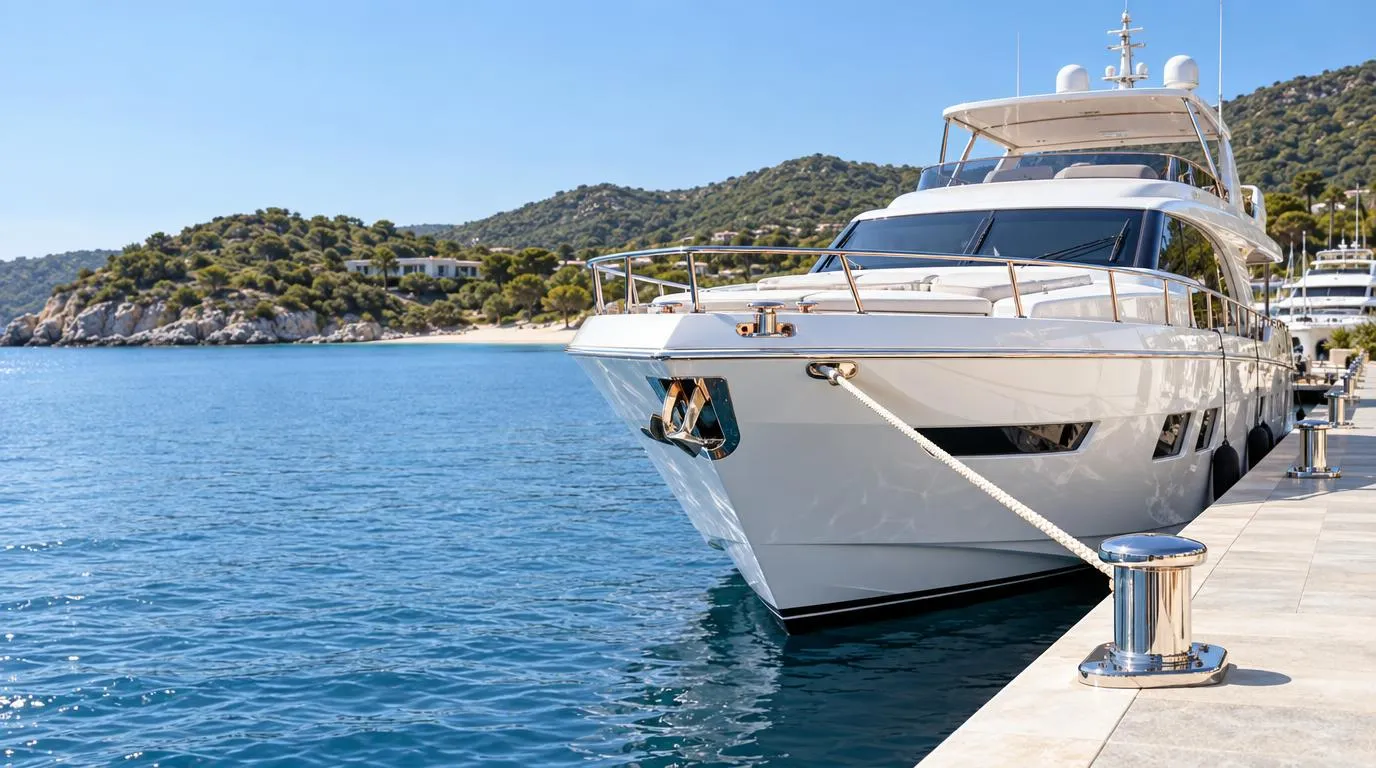 A white yacht berthed at a small regional marina with green hills behind