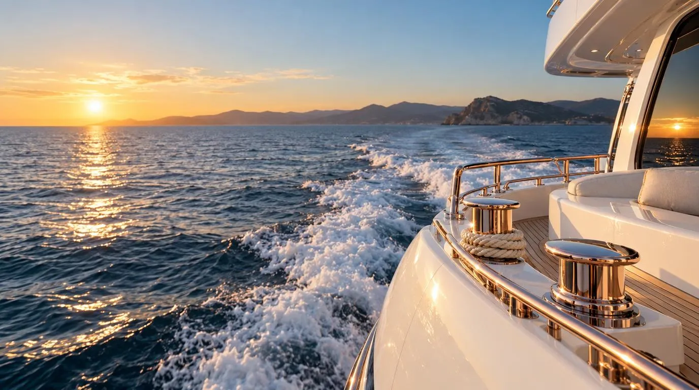 A white yacht wake across deep blue water at golden hour