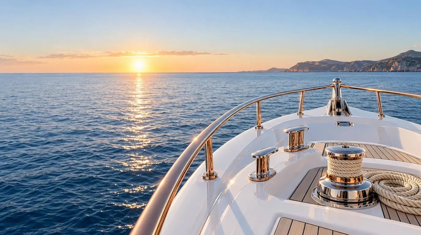 A white yacht bow at dawn heading for an open horizon