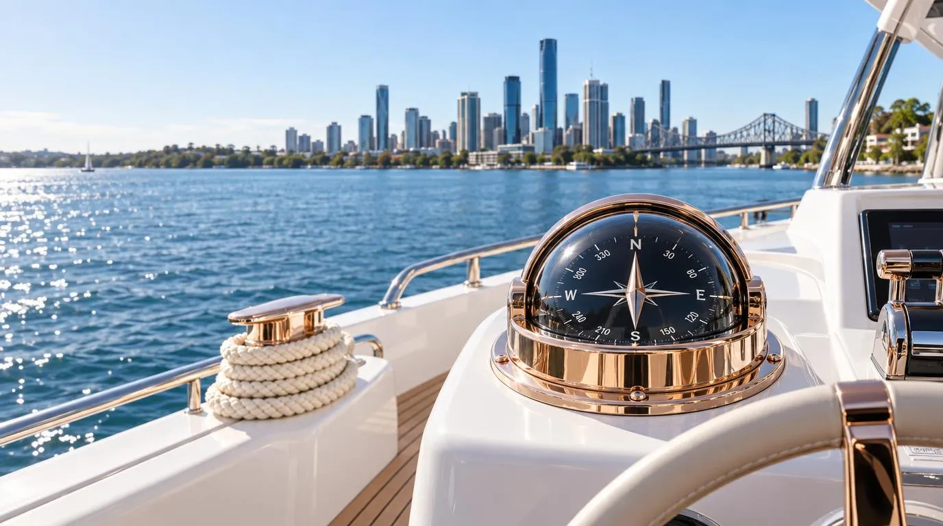 A rose-gold binnacle compass on a white helm console with the Brisbane skyline behind