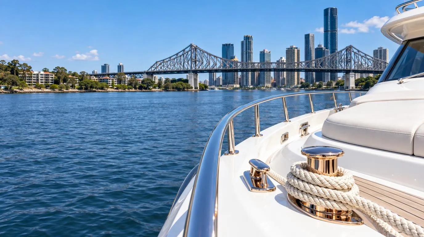 The Brisbane Story Bridge and city towers past a white yacht bow
