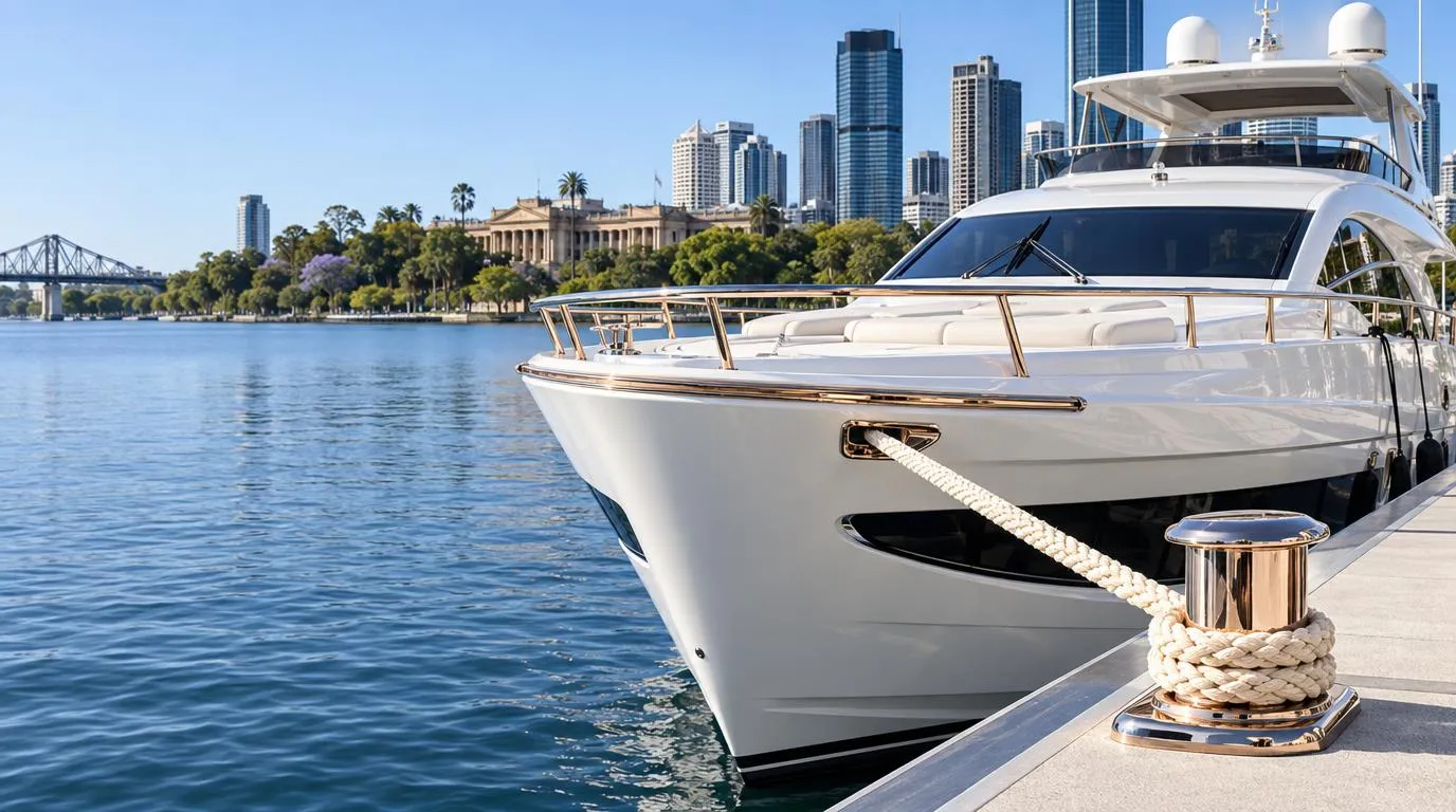 A white yacht moored on the Brisbane River with city towers behind
