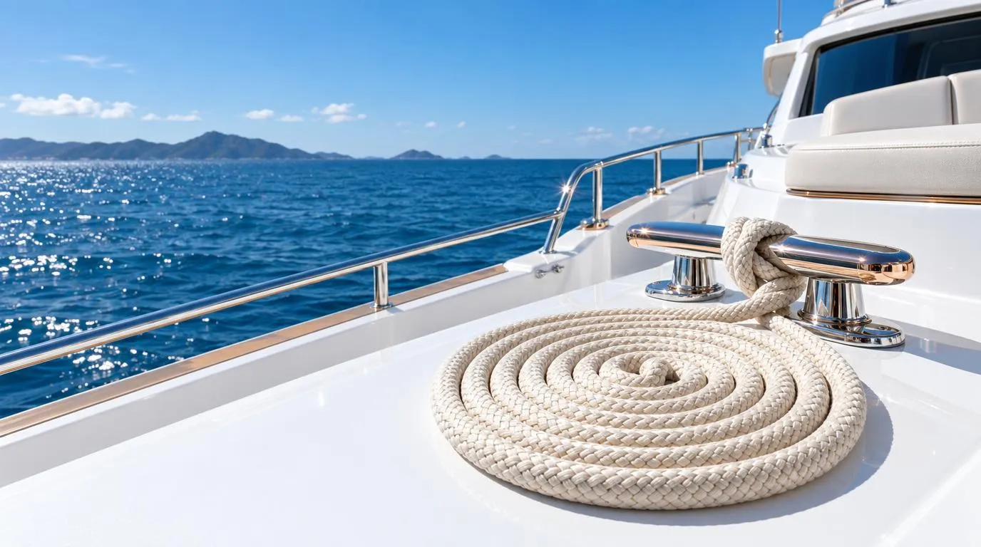 Cream rope coiled in a neat flake beside a chrome cleat on a white deck