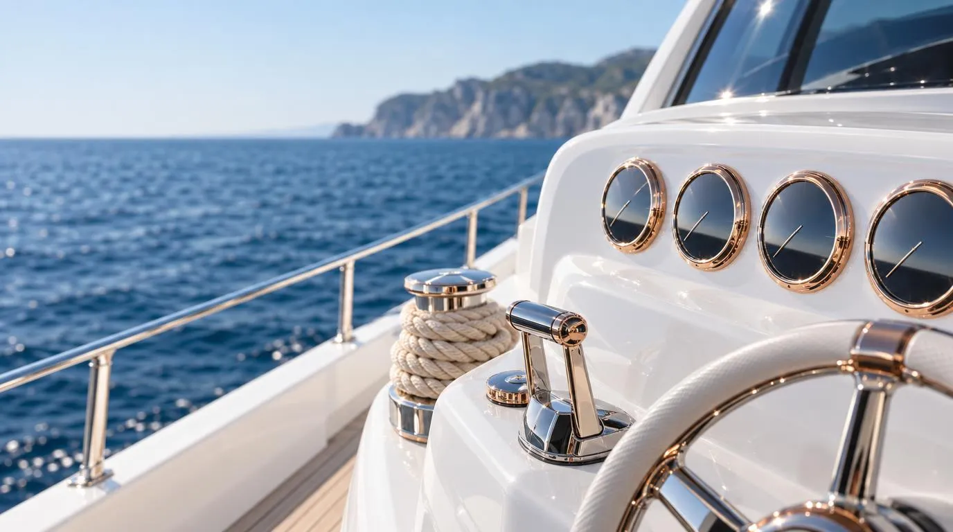 Chrome instrument dials with rose-gold bezels on a white yacht console