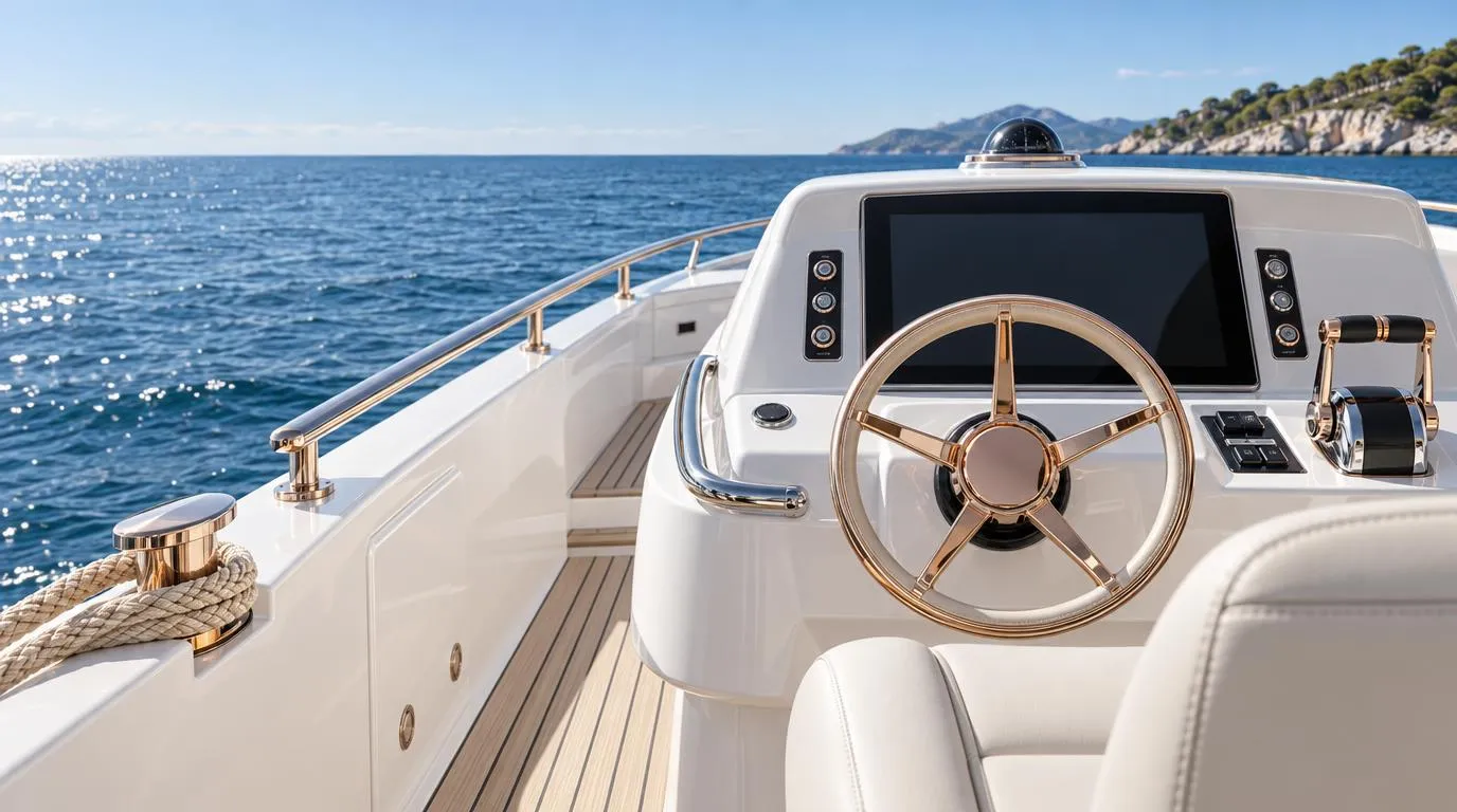 A white yacht helm station with a rose-gold wheel and a dark glass display
