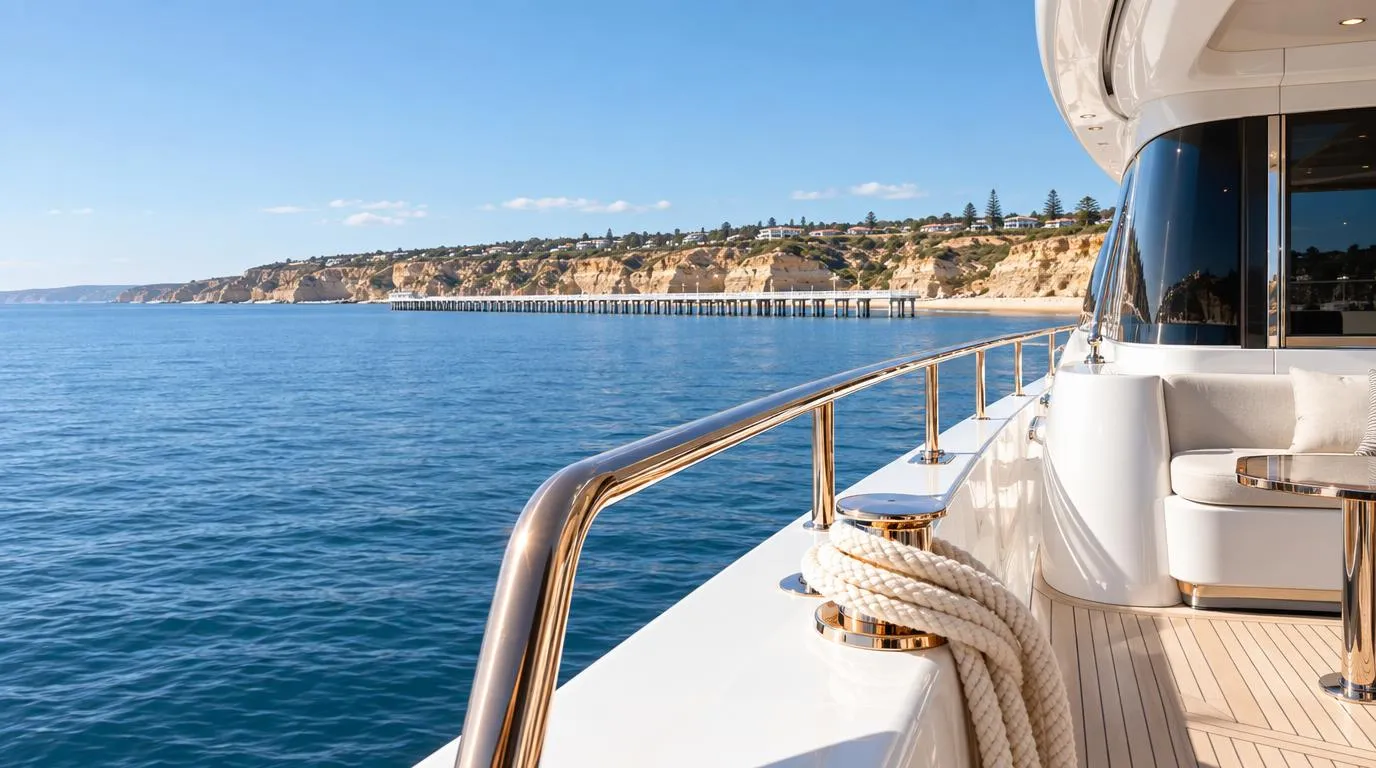 The Adelaide coastline with sand cliffs and a long white jetty from a yacht rail