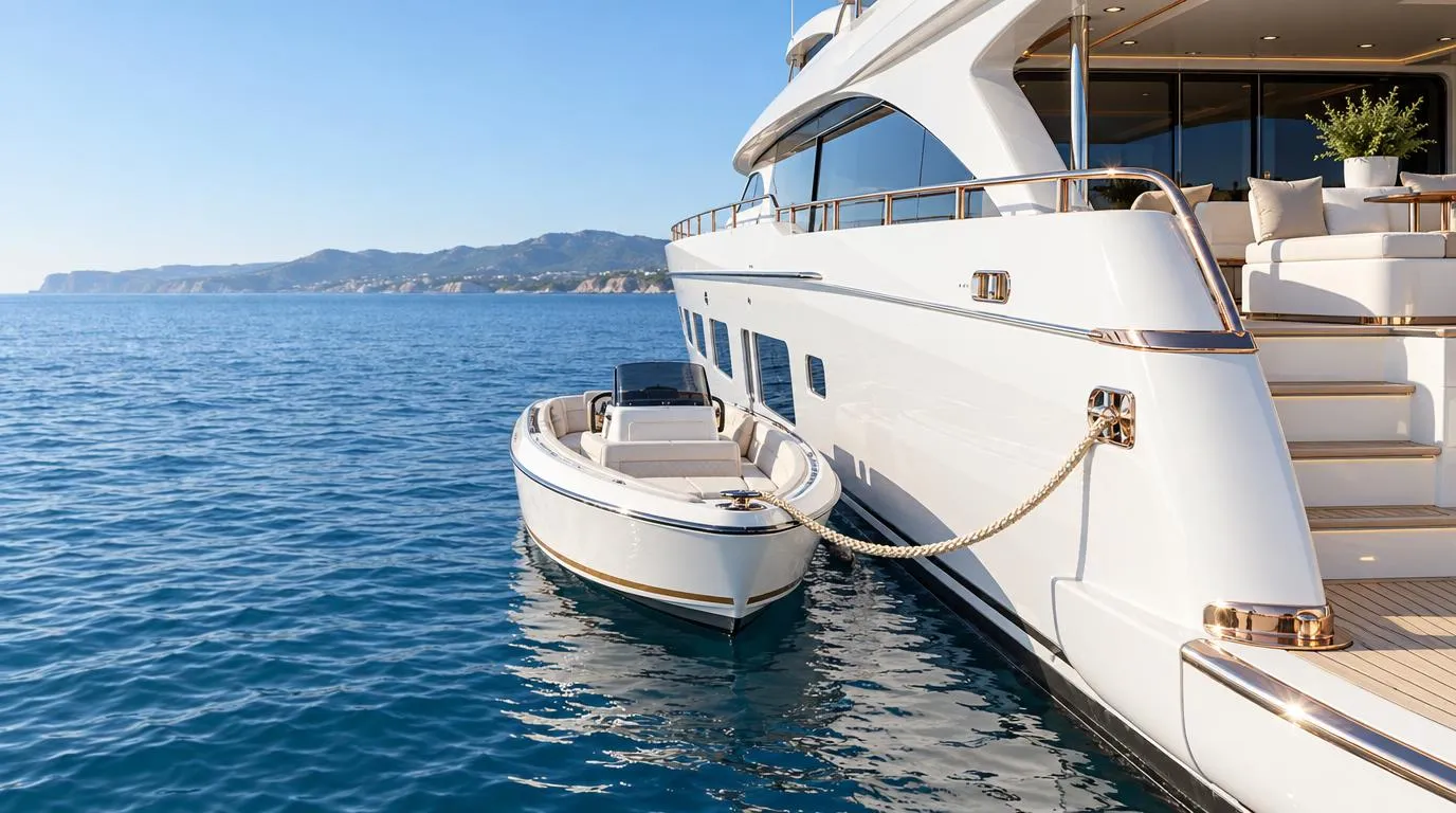 A small white tender tied alongside a large white superyacht