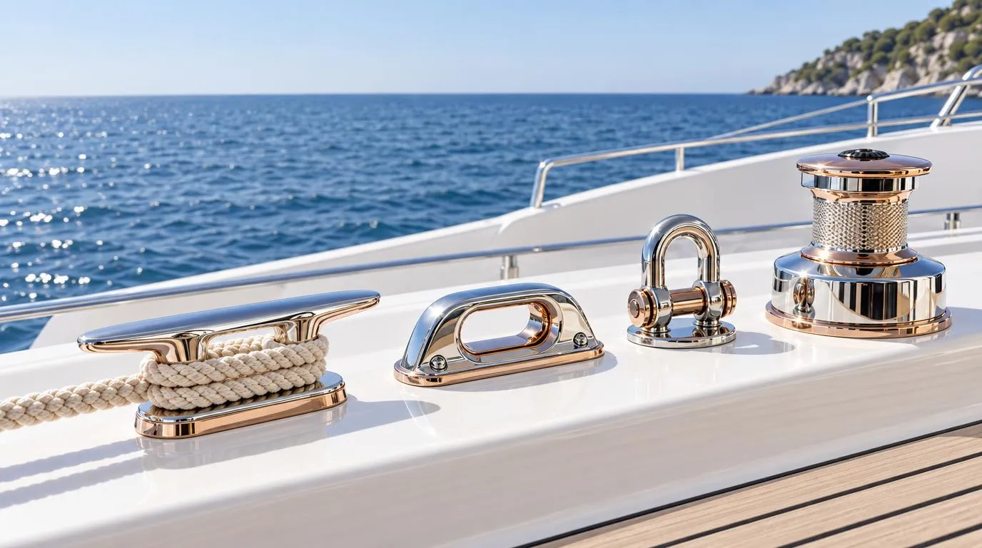 Four chrome and rose-gold yacht fittings in a row on a white deck