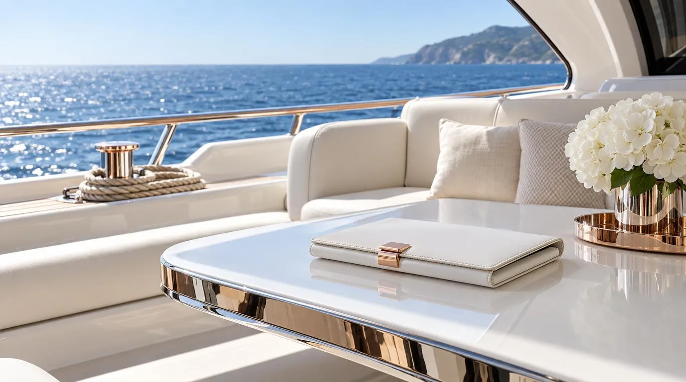 A white leather folio with a rose-gold clasp on a yacht saloon table in sunlight