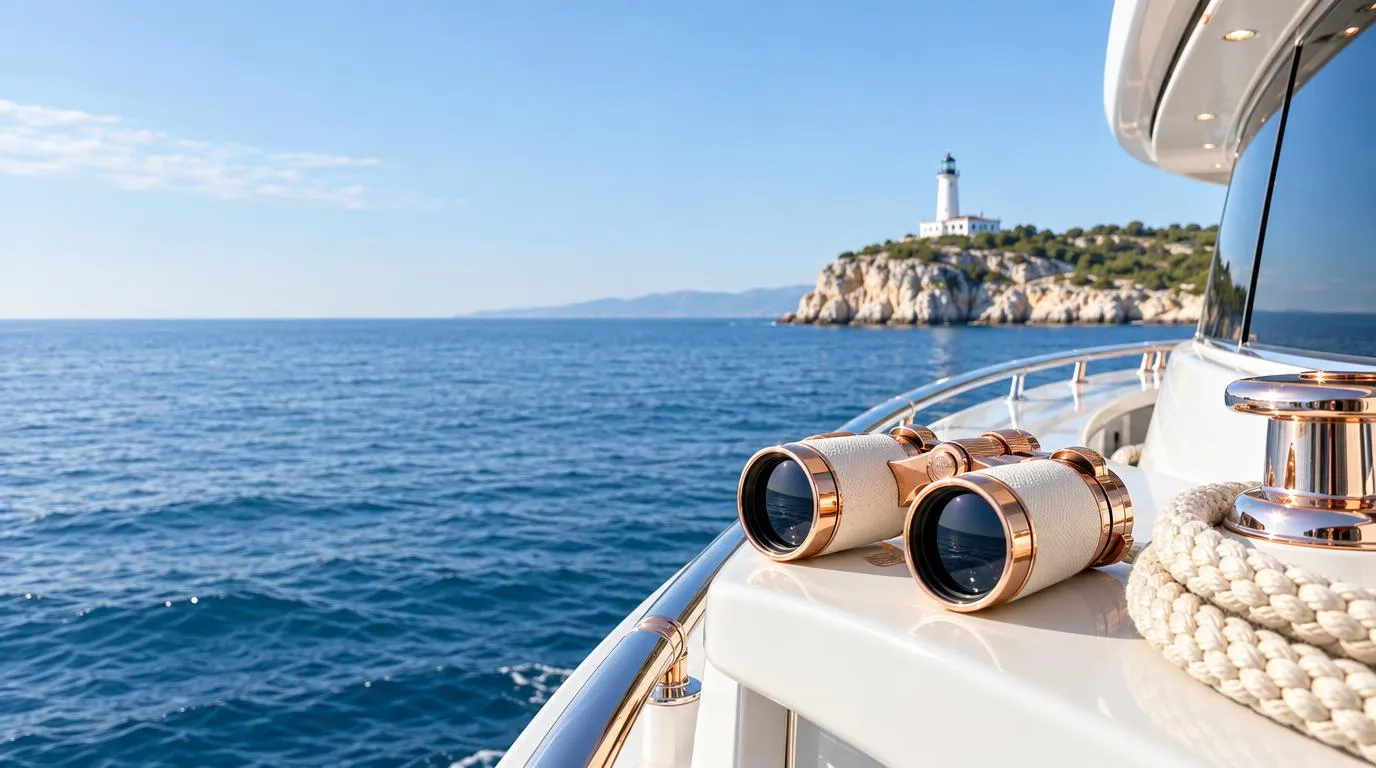 Rose-gold binoculars on a white yacht rail with a headland lighthouse across blue water