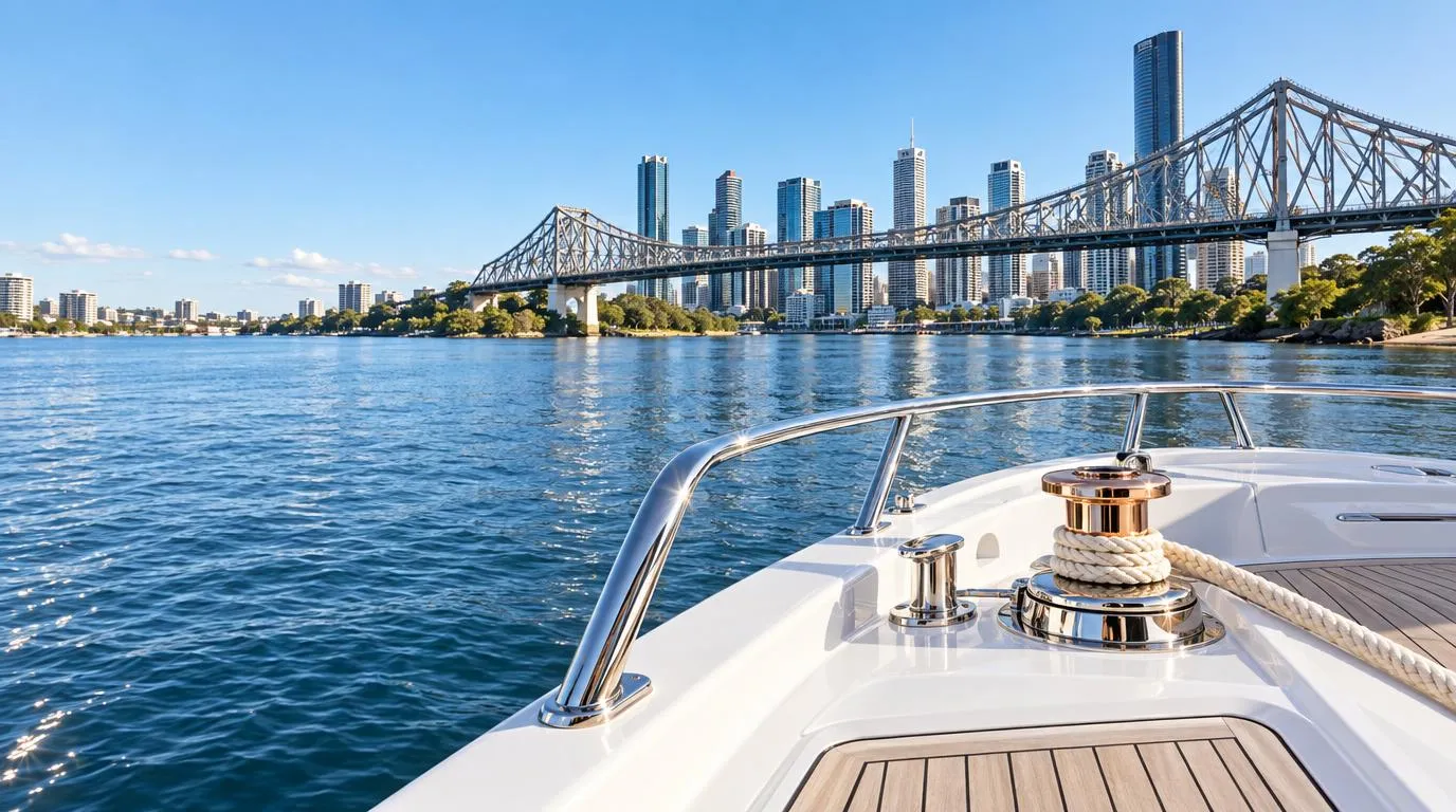 The Brisbane Story Bridge and city towers from a white yacht bow on the Brisbane River