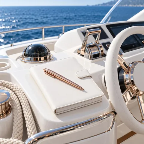 A white leather folio and rose-gold pen on a yacht helm console