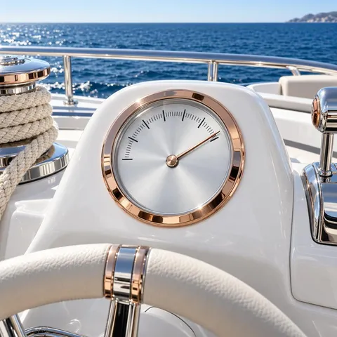 A chrome gauge with a rose-gold bezel on a white yacht console, needle high