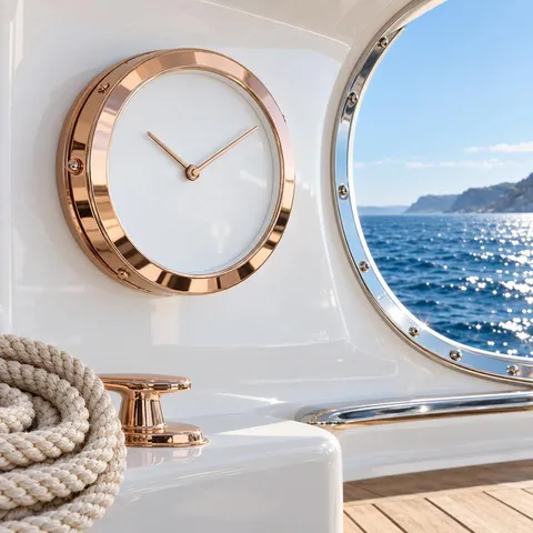 A rose-gold ship's clock on a white yacht bulkhead beside a porthole