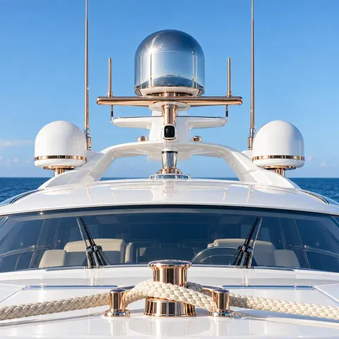 Chrome radar domes and antennas on a white yacht roof against a blue sky