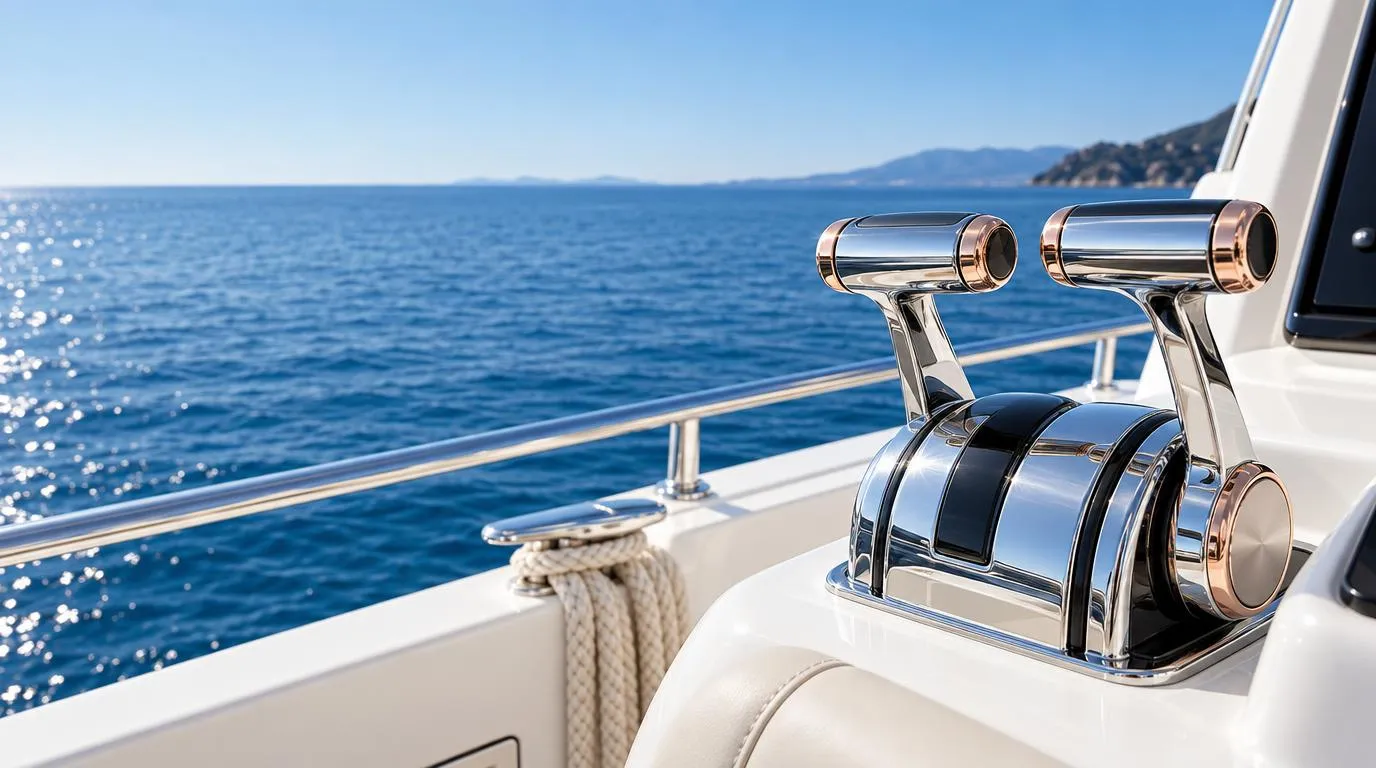 Two chrome throttle levers side by side on a white yacht console